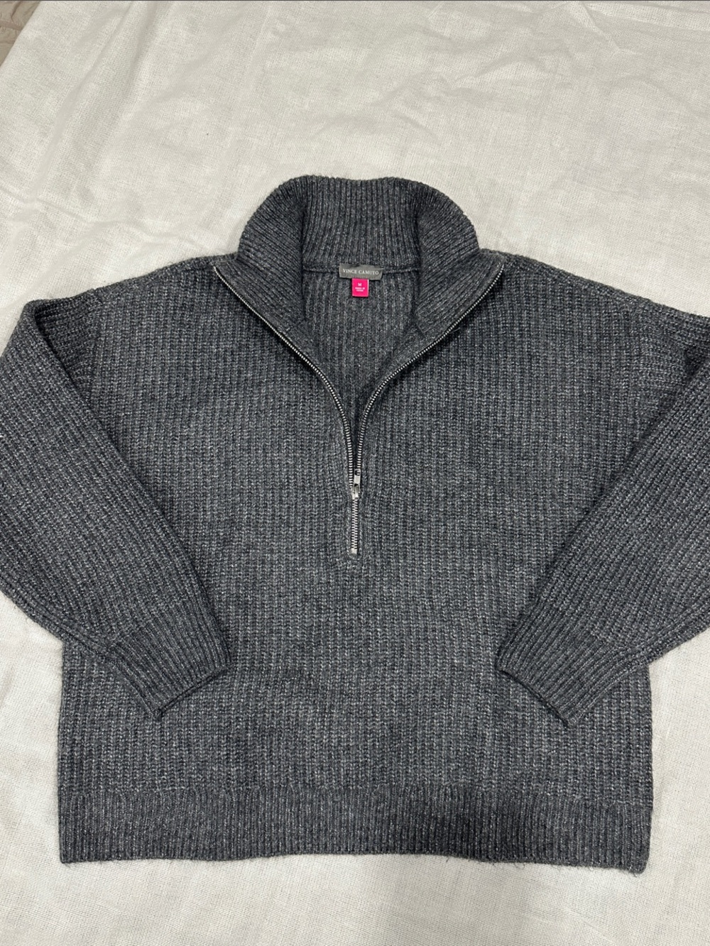 Women’s Charcoal Gray Half-Zip Ribbed Sweater, Size M